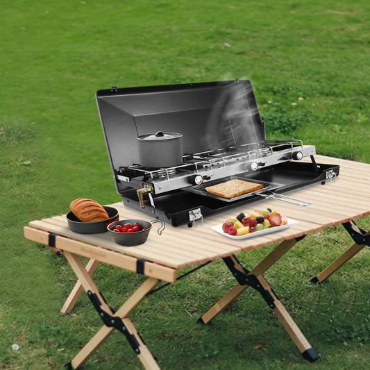 3 Burner Modern Portable Cooking Propane Butane Gas Camping Stove W/ Grid + Tray