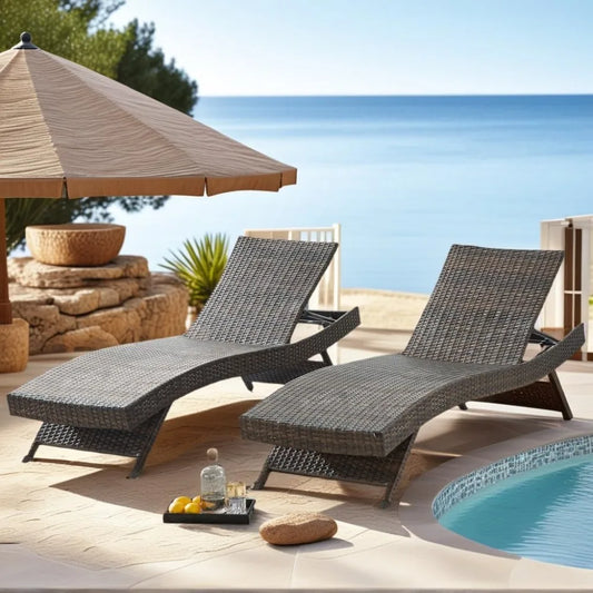 PE Rattan Adjustable Backrest Chaise Lounge Set 2 Poolside