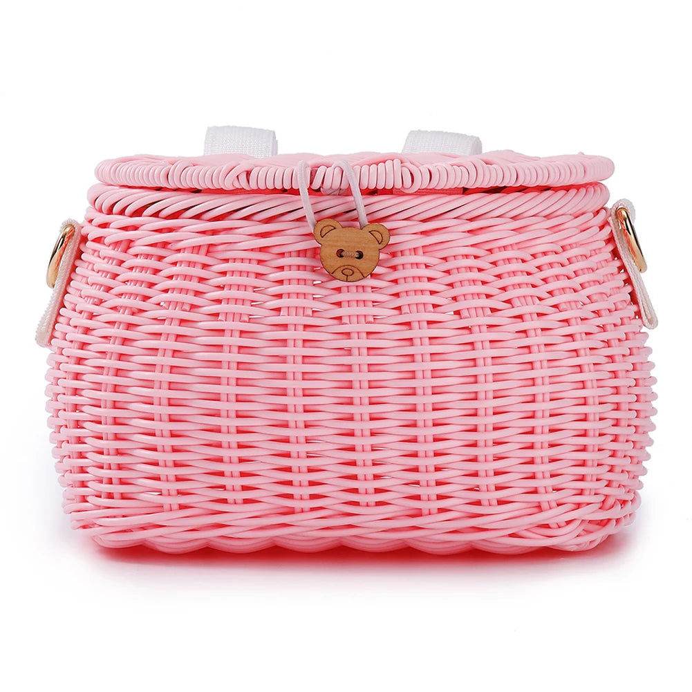Bike Handwoven Basket Backpack with Lid Bike Scooter Tricycle Basket Adjustable Leather Straps Bicycle Accessories