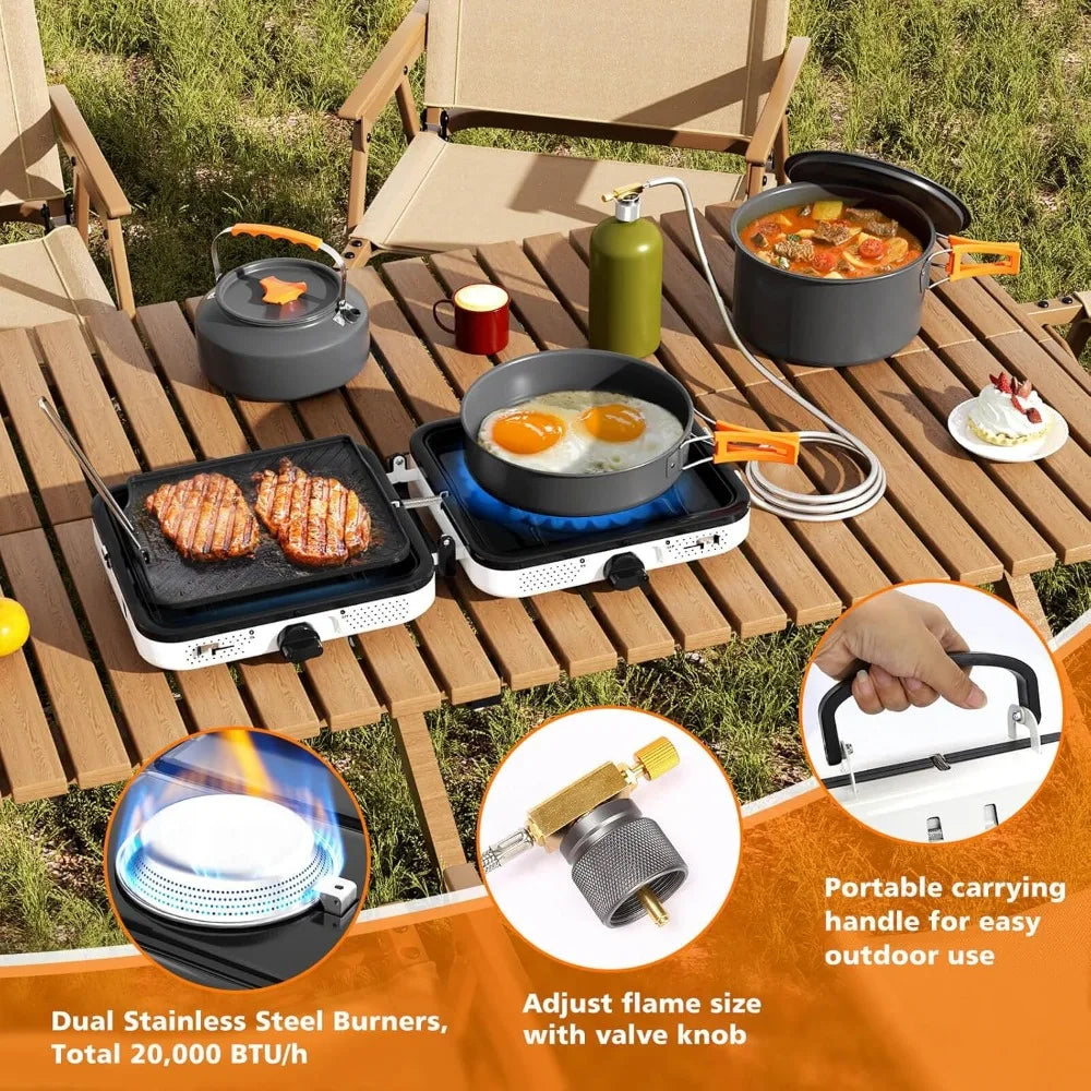 Portable 2-burner Camping Stove set Cookware, 20,000 BTU/h, outdoor cooking kit includes outdoor folding gas stove