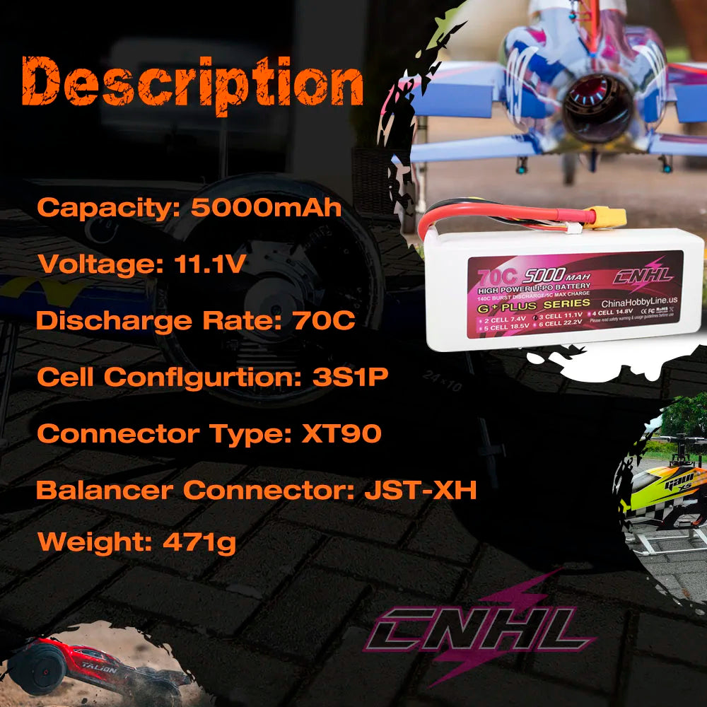 CNHL 5000mAh 70C LiPo Battery 3S 4S 6S XT90 Plug RC