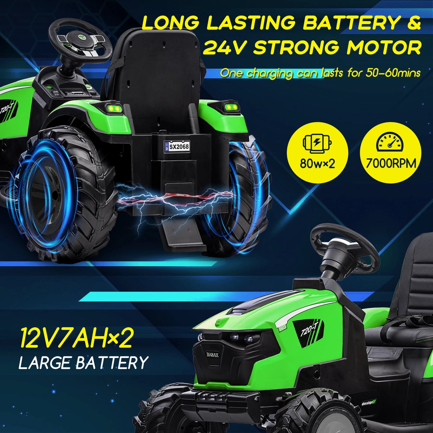 3 in 1 Ride on Tractor, Excavator & Bulldozer, 24V Electric Vehicle w/Trailer, Shovel Bucket, Digger, Remote Control, EVA Tires