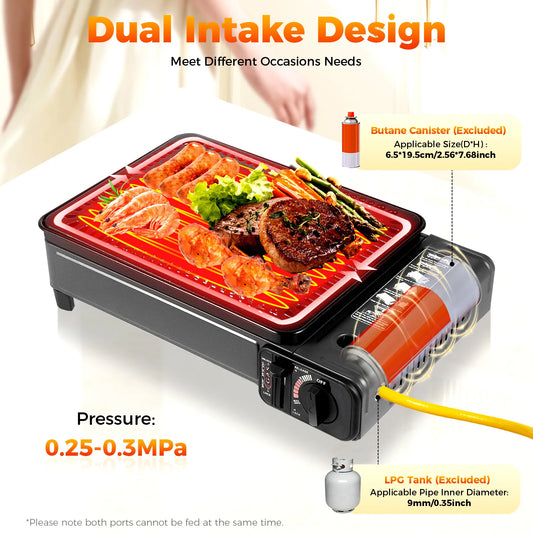 Portable Butane Camping Stove with 2 Gas Connections, Piezo-electric ignition Gas Grill Stove for Outdoor Cooking, Hiking