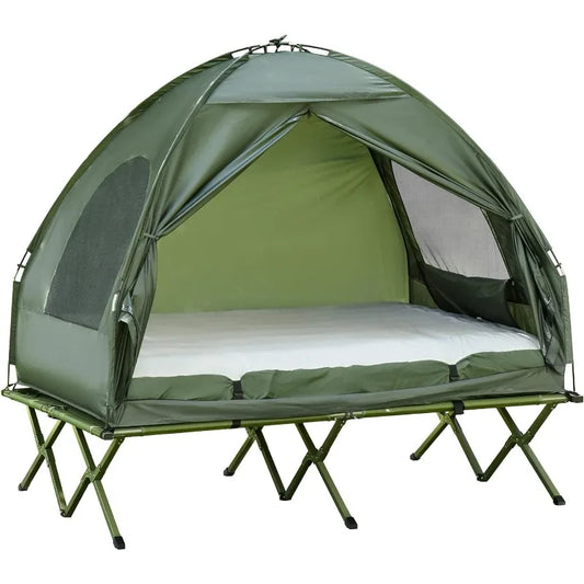 Outsunny 2 Person Foldable Camping Cot with Tent, Bedspread and Thick Air Mattress, 4-in-1 Elevated Camping Bed Tent