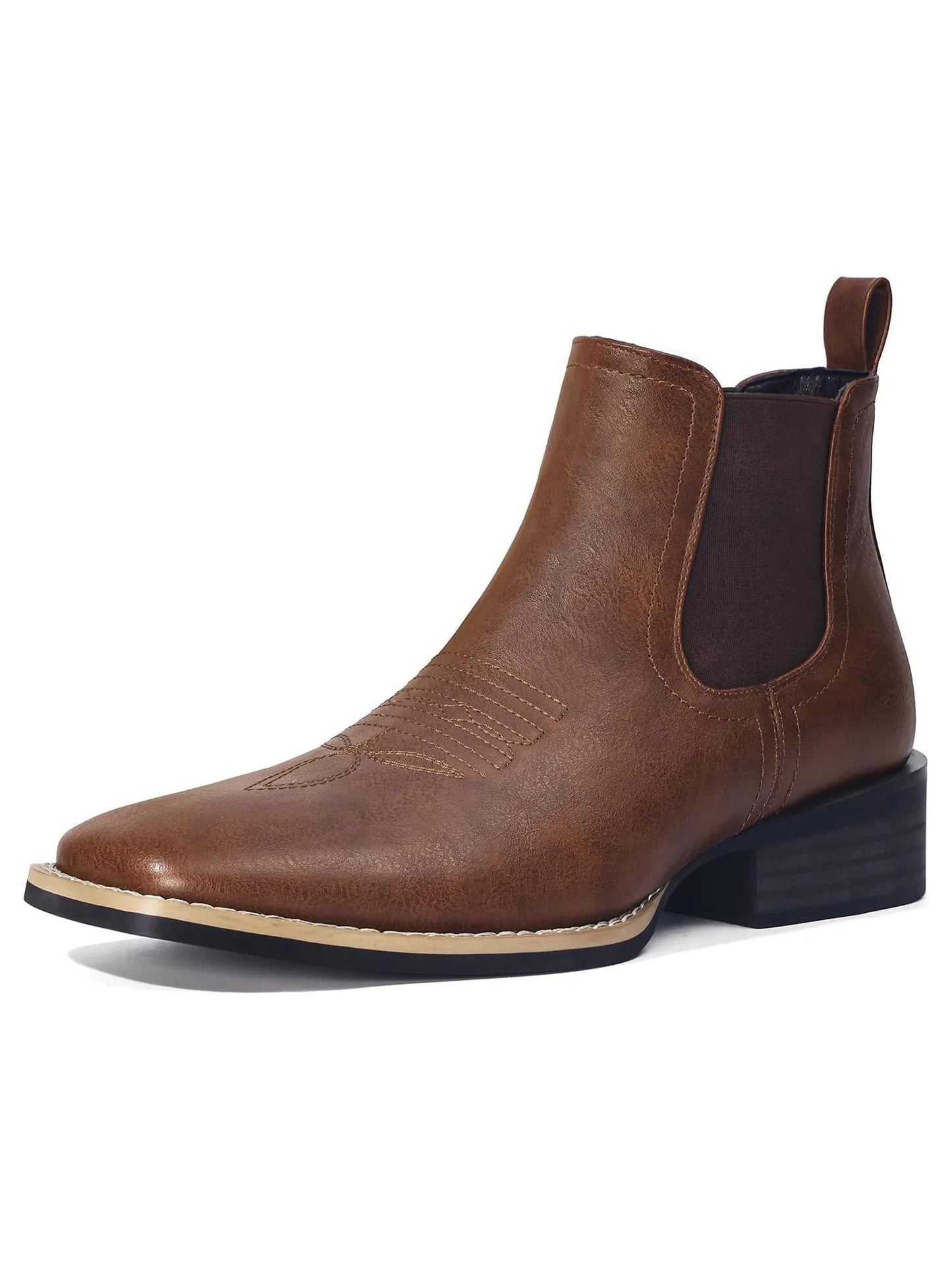 Western Cowboy Boots for Men - Mens Square Toe Chelsea Boots Ankle Cowboy Boots for Men Casual Retro Stylish Boots Brown