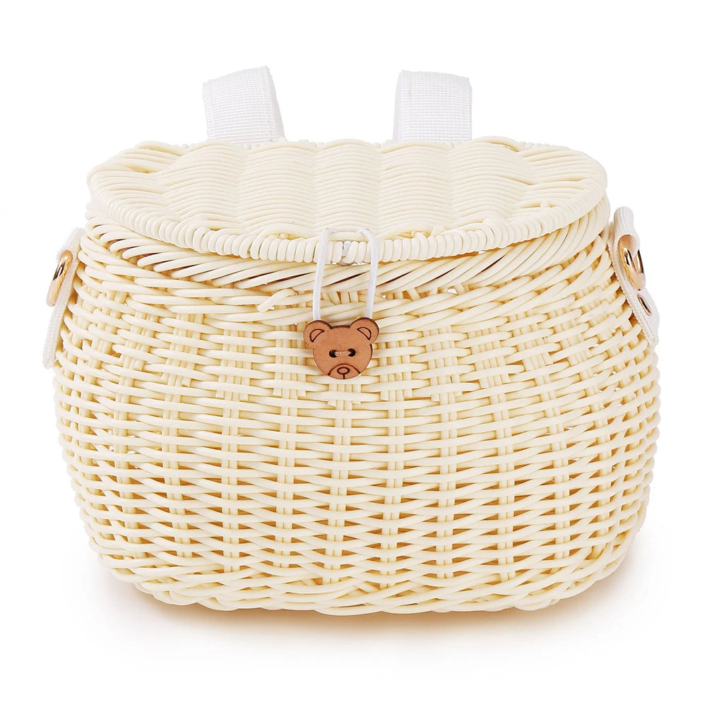 Bike Handwoven Basket Backpack with Lid Bike Scooter Tricycle Basket Adjustable Leather Straps Bicycle Accessories
