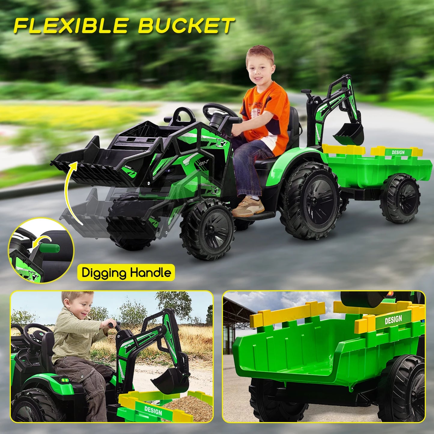 3 in 1 Ride on Tractor, Excavator & Bulldozer, 24V Electric Vehicle w/Trailer, Shovel Bucket, Digger, Remote Control, EVA Tires
