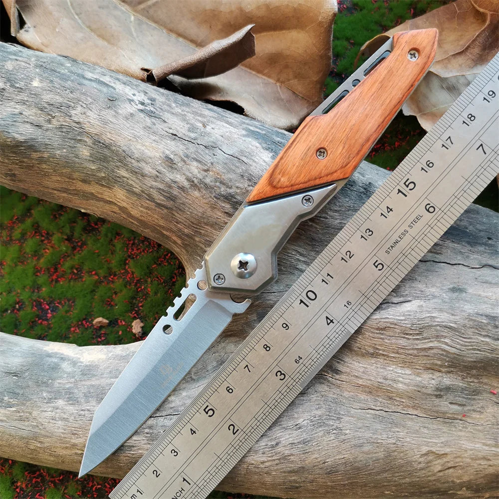 Anti-slip Wooden Handle Folding Knife for Tactical Outdoor Survival and Multi-functional Cutting Tasks
