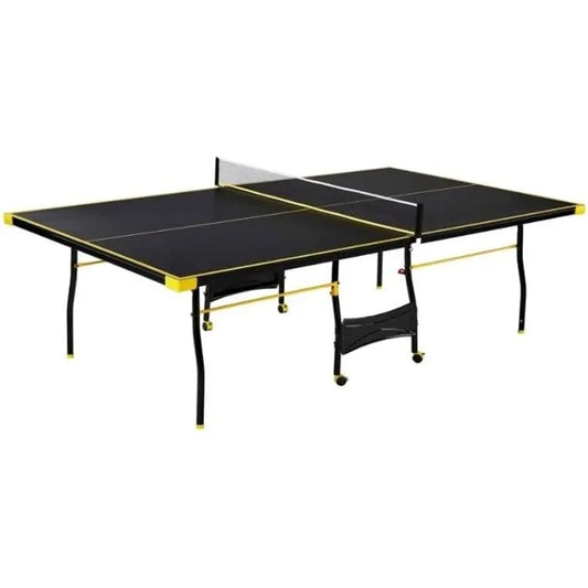 Black Yellow Folding Rolling Table Tennis Table Indoor Ping Pong Table with 2 Paddles 2 Balls 1 Net and Post Set 4 Wheels
