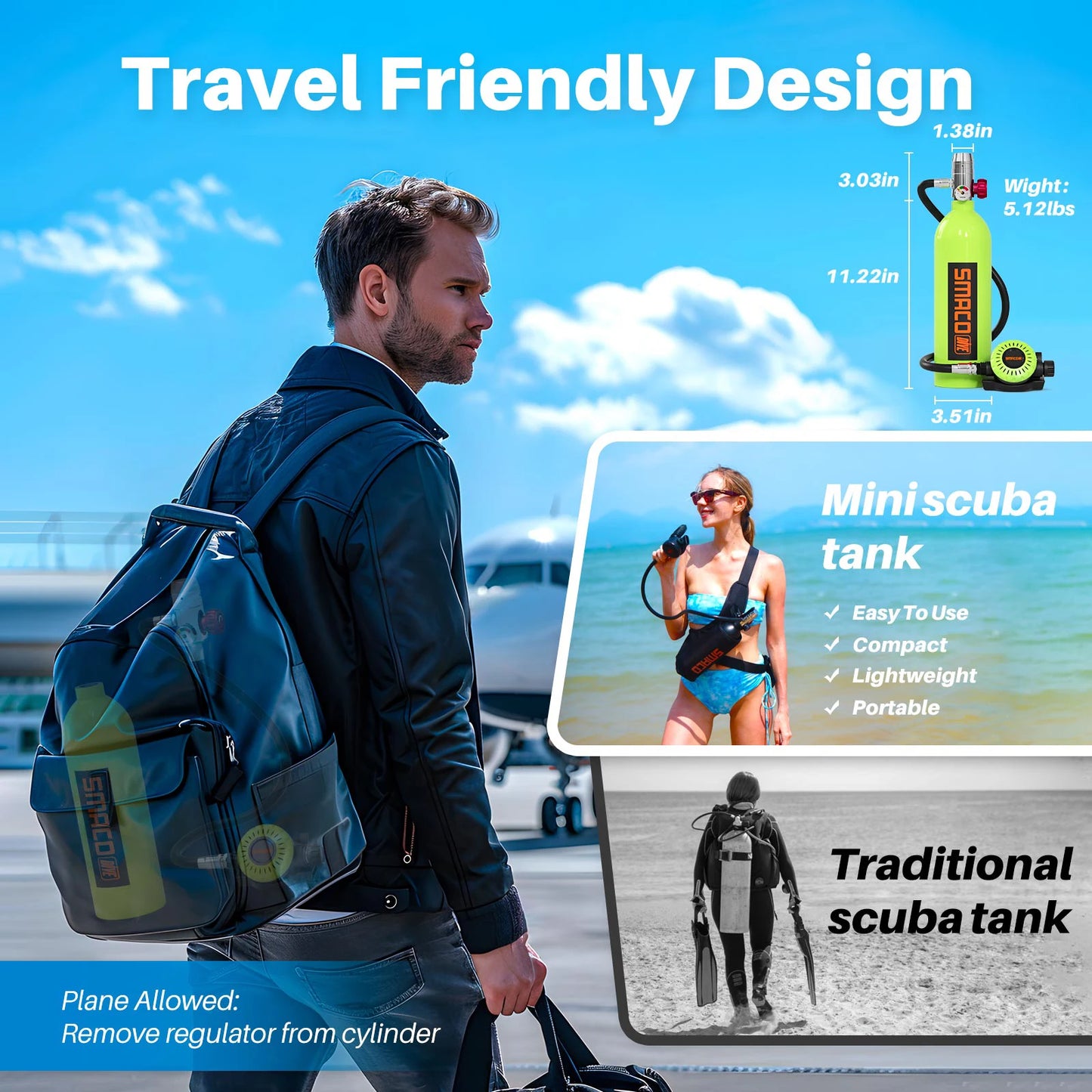 Smaco Scuba Tank 1L Mini Oxygen Cylinder Diving Gear
