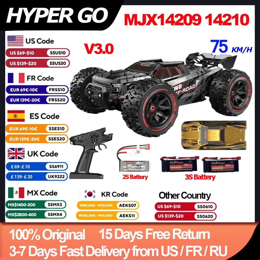HYPER GO 75km/h MJX 14209 14210 V3.0 1/14 RC Car Brushless 2.4G Remote Control 4WD Off-road Racing RC Truck Electric Hobby Toy