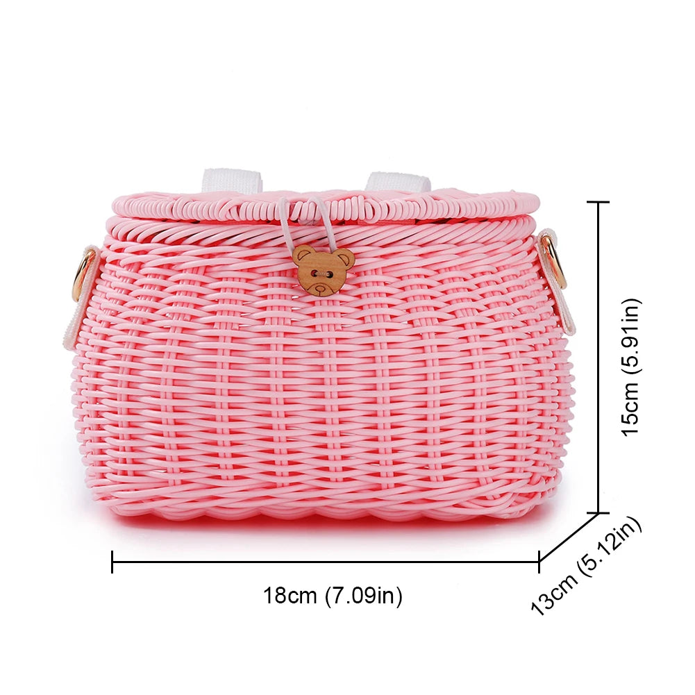 Bike Handwoven Basket Backpack with Lid Bike Scooter Tricycle Basket Adjustable Leather Straps Bicycle Accessories