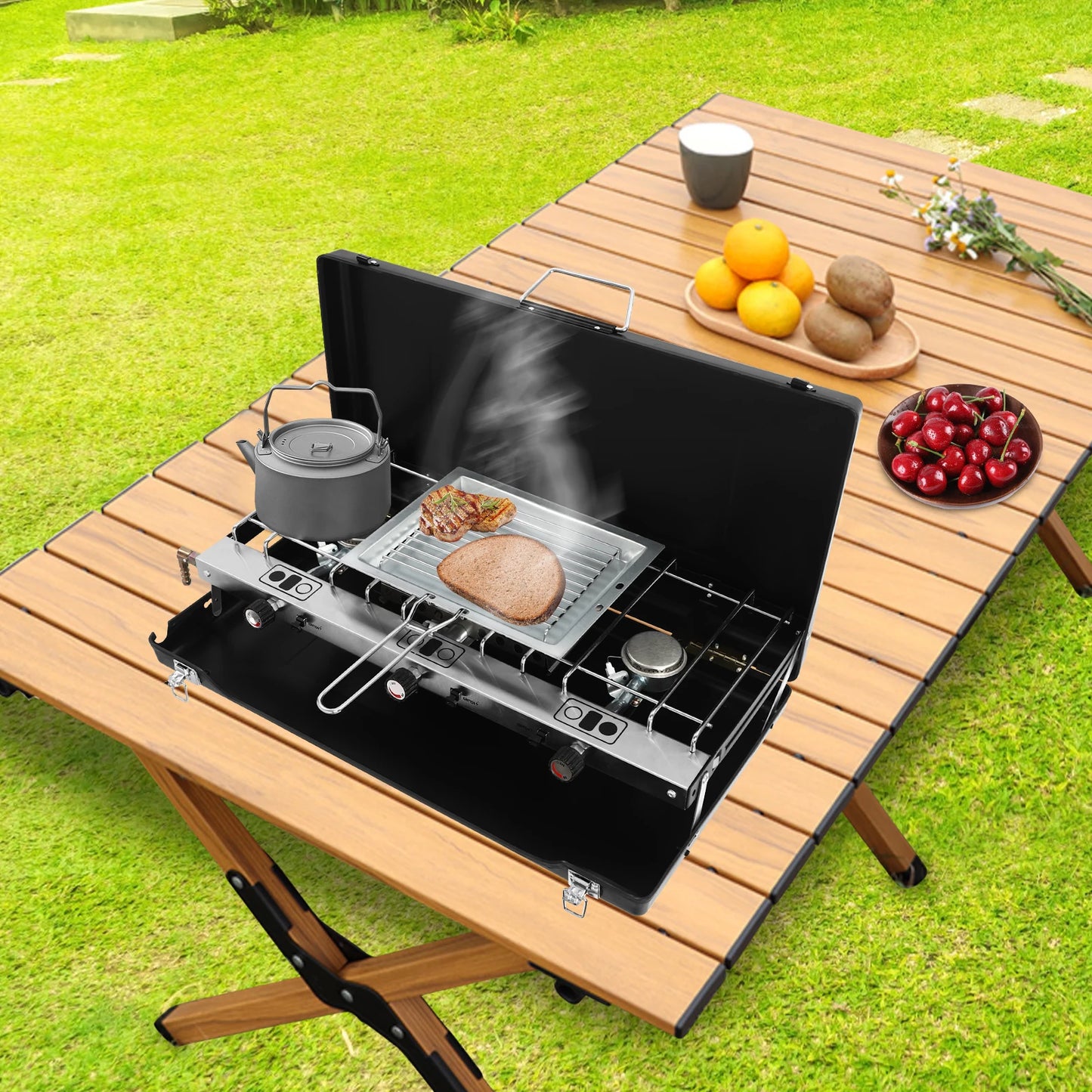 3 Burner Modern Portable Cooking Propane Butane Gas Camping Stove W/ Grid + Tray