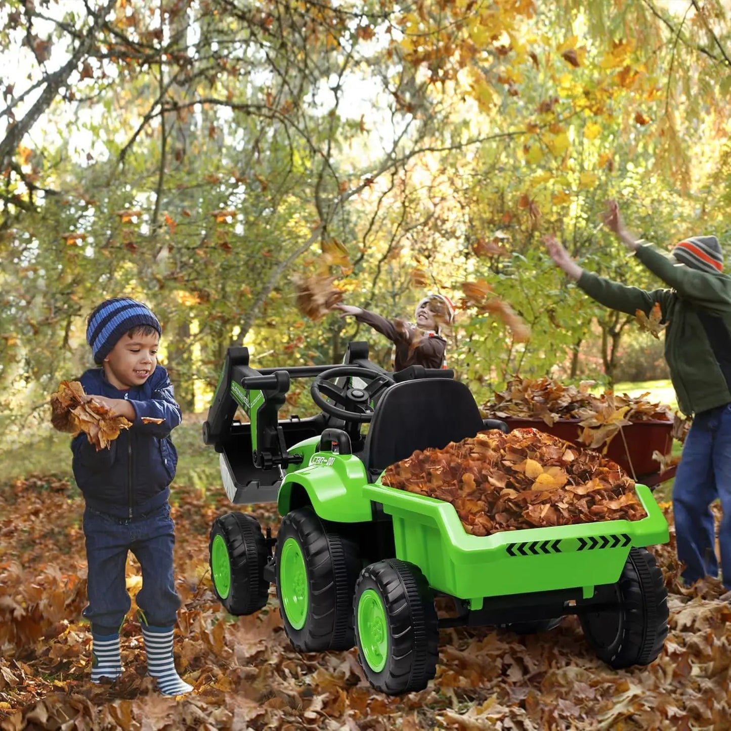 Kids 12V 3 in 1 Ride on Excavator & Tractor with Detachable Trailer, Ride on Car Toy with Remote Control, Digger, LED Lights