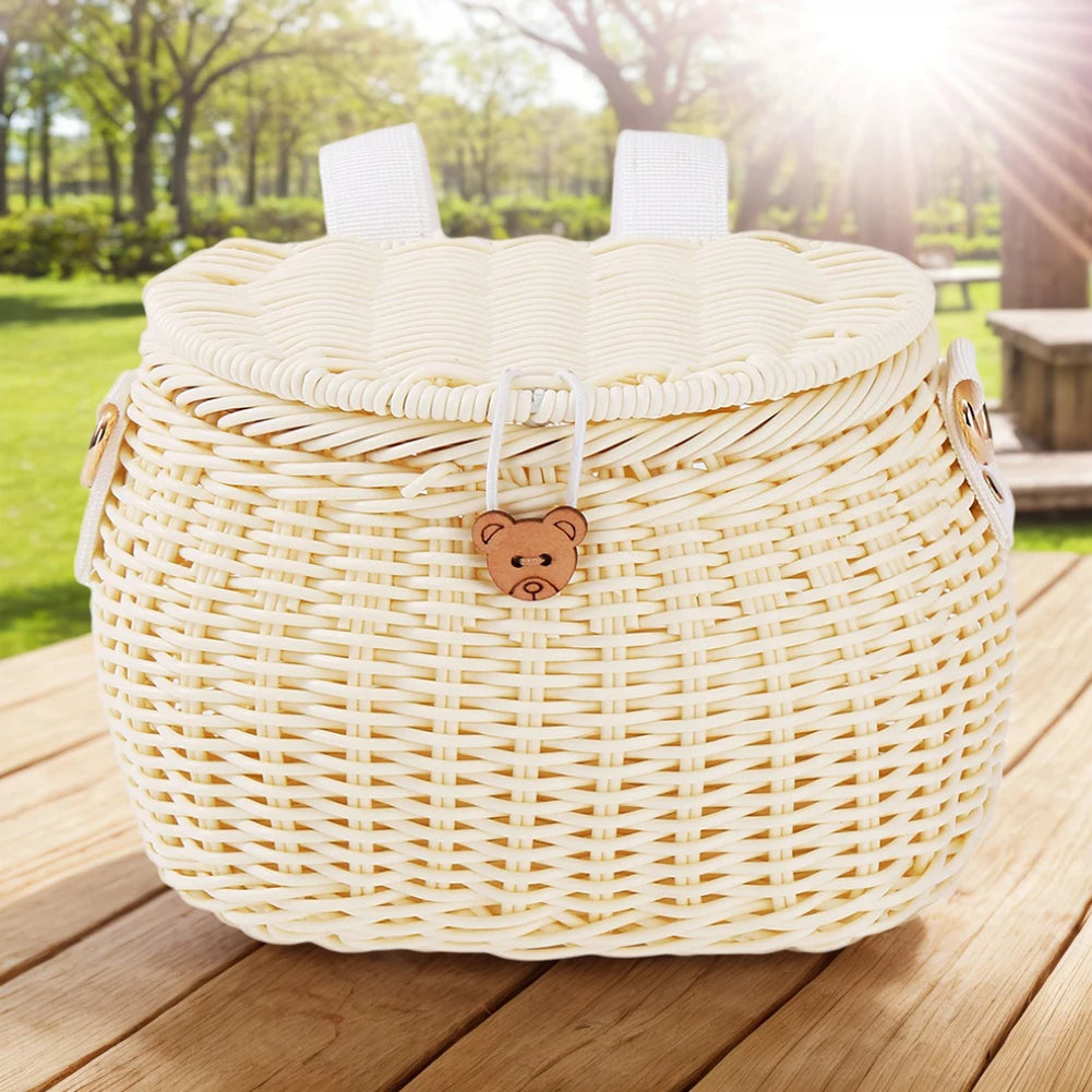 Bike Handwoven Basket Backpack with Lid Bike Scooter Tricycle Basket Adjustable Leather Straps Bicycle Accessories