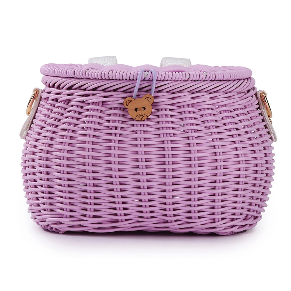 Bike Handwoven Basket Backpack with Lid Bike Scooter Tricycle Basket Adjustable Leather Straps Bicycle Accessories