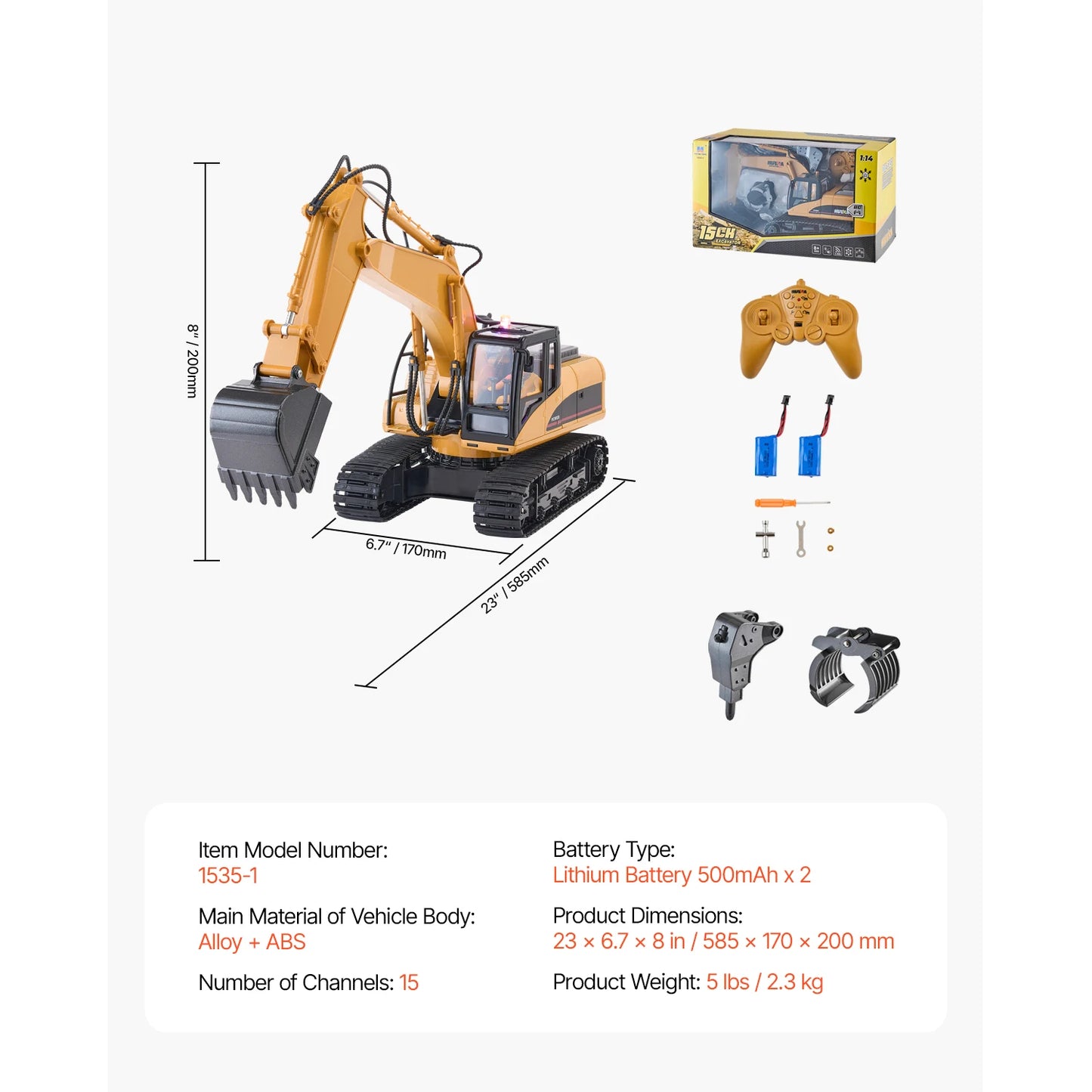 VEVOR 2.4G Remote Control Excavator Dump Truck 3 in 1 RC Model Car Digger Toy with Light & Sound Construction Vehicle for Kid