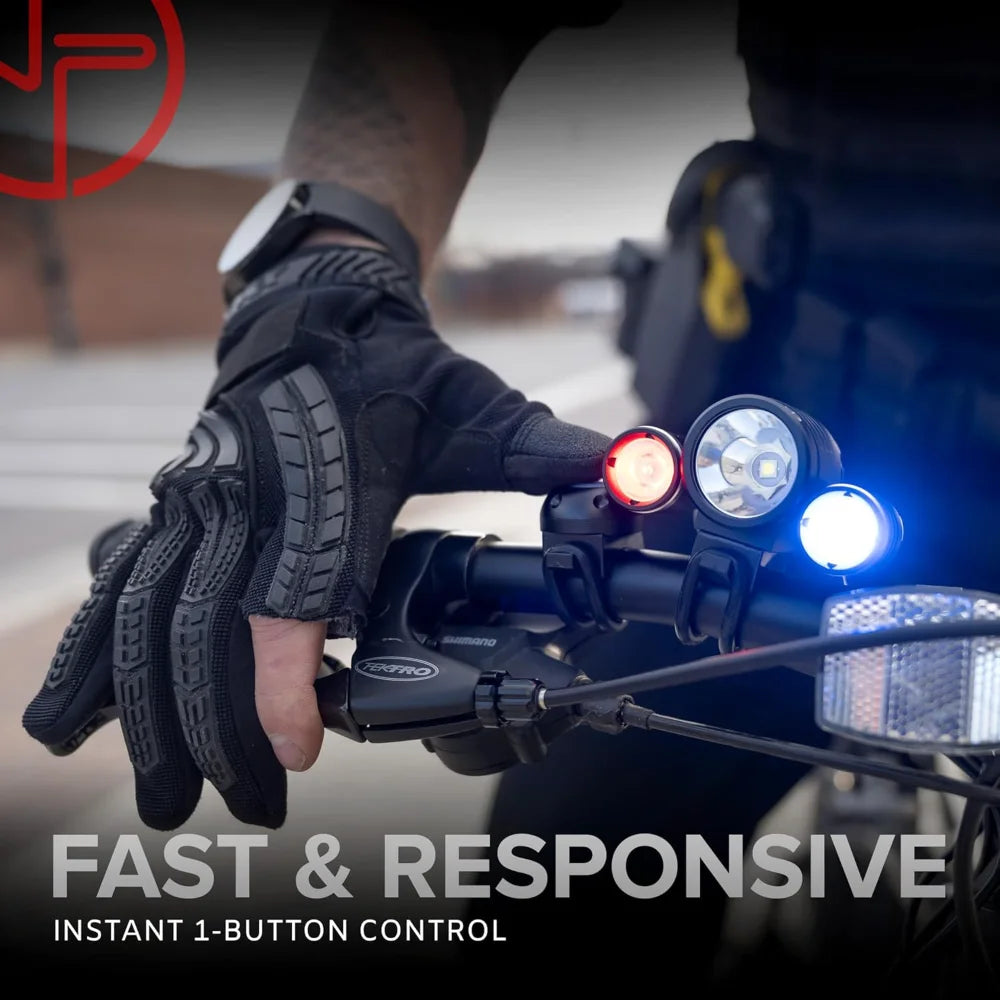 PS1200 Front & OPTIKS P220 Rear Police Patrol Bike Light - Red/Blue Strobe LED Rechargeable Water Proof - 5 Modes