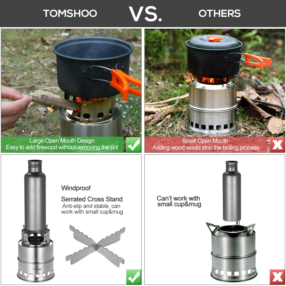 New Camping Stove Backpacking Stove with Wood Ash Plate Foldable Handle Portable Folding Windproof Wood Burning Stove Compact