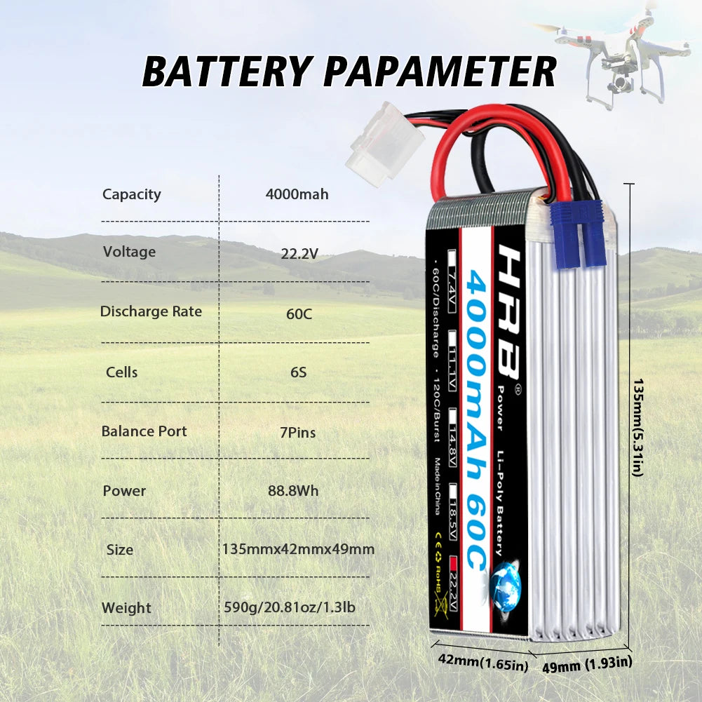 HRB 6S 22.2V 4000mAh 60C LiPo Battery XT90 EC5 Plug