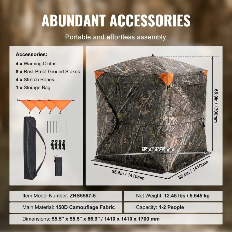 Hunting Blind, 270° See Through Ground Blind, 1-2 Person Pop Up Deer Blind for Hunting with Carrying Bag, Portable Resilient