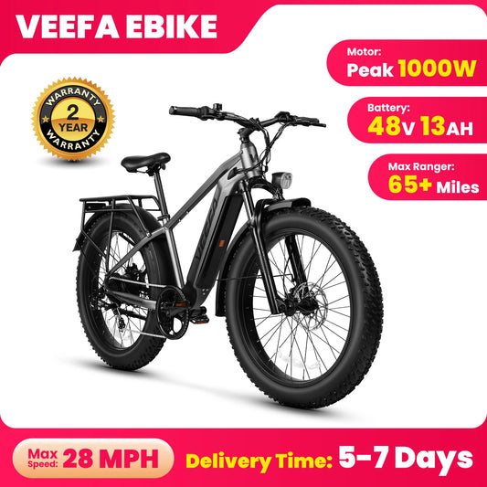 VEEFA Peak 1000W Electric Bike for Adults 48V 13Ah Removable Battery 26'' Fat Tire E Bike 28mph Mountain Ebike