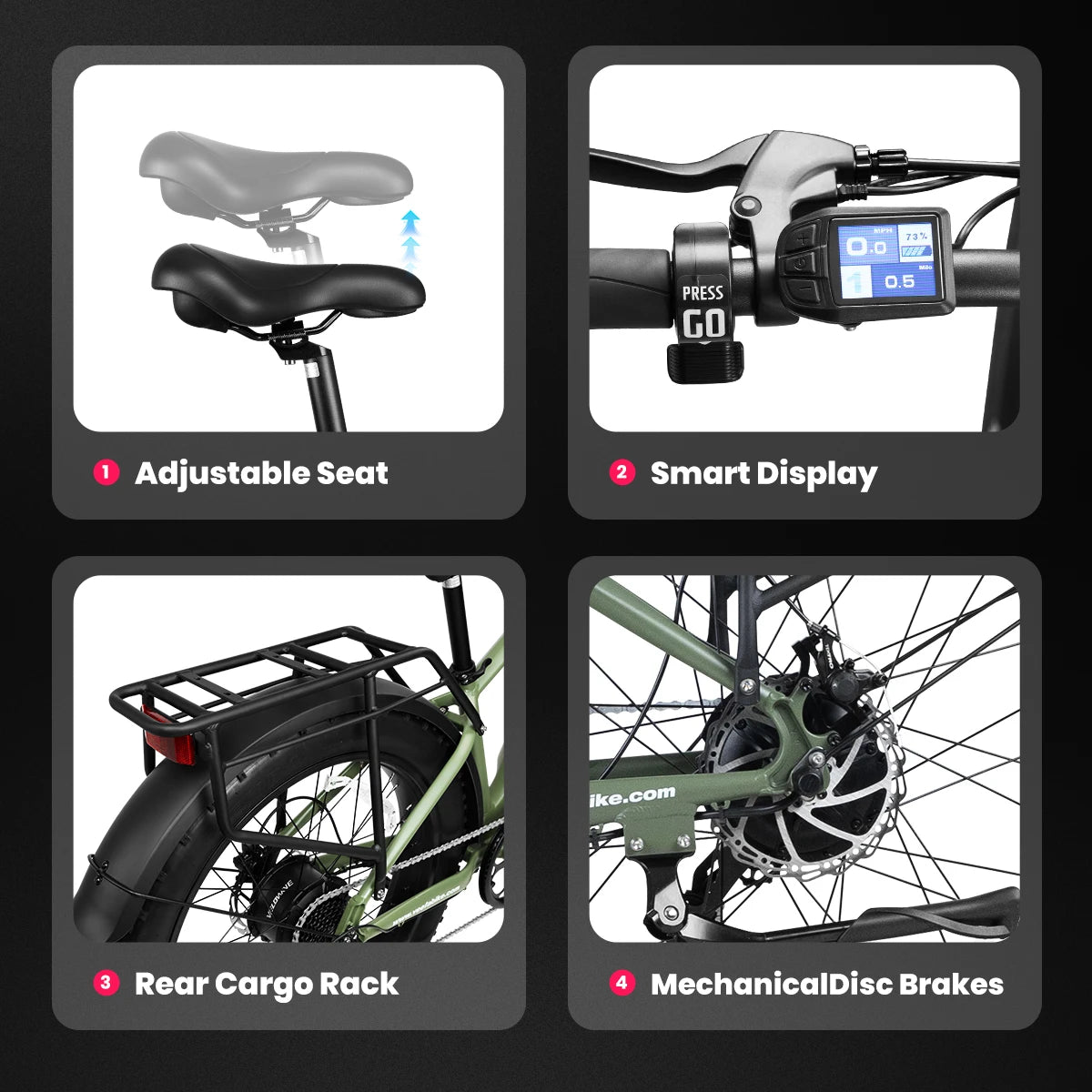 VEEFA Peak 1000W Electric Bike for Adults 48V 13Ah Removable Battery 26'' Fat Tire E Bike 28mph Mountain Ebike