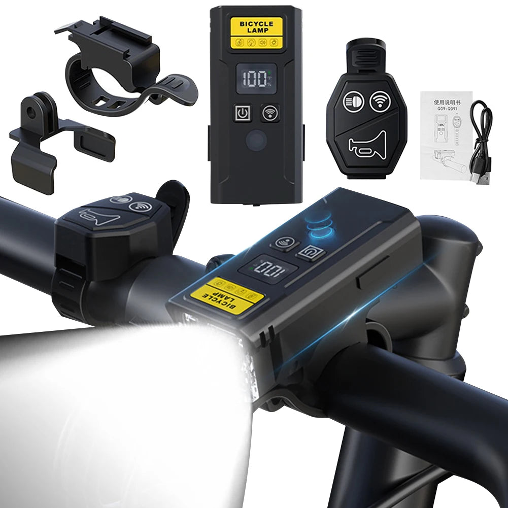 Bicycle Front Lamp with Horn Remote Control Bike Handlebar Flashlight Rechargeable Bike Headlight Flashlight for Night Riding