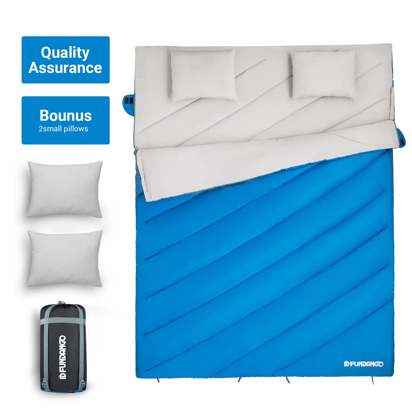 FUNDANGO 3-in-1 Double Sleeping Bag, Family Couple Camping Backpack Trip, Waterproof and Warm and Lightweight, with 2 Pillows