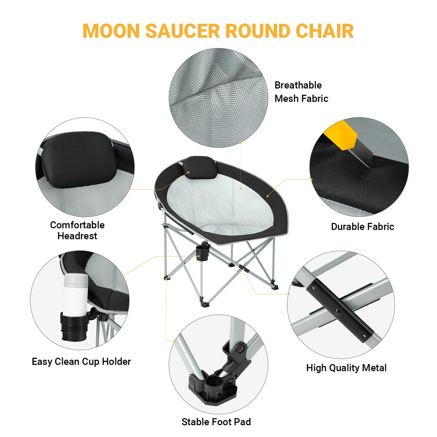FUNDANGO oversized folding camping chair moon chair, hiking, fishing, picnic, camping, lawn, headrest, cup holder, handbag