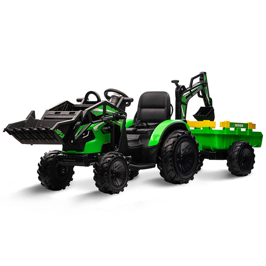 3 in 1 Ride on Tractor, Excavator & Bulldozer, 24V Electric Vehicle w/Trailer, Shovel Bucket, Digger, Remote Control, EVA Tires