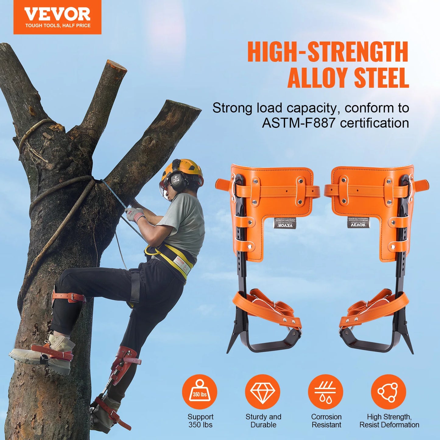 VEVOR Tree Climbing Spikes Alloy Steel Climbing Spurs 350lbs Load Capacity Tree Climbing Gear with Straps and Spike Protectors