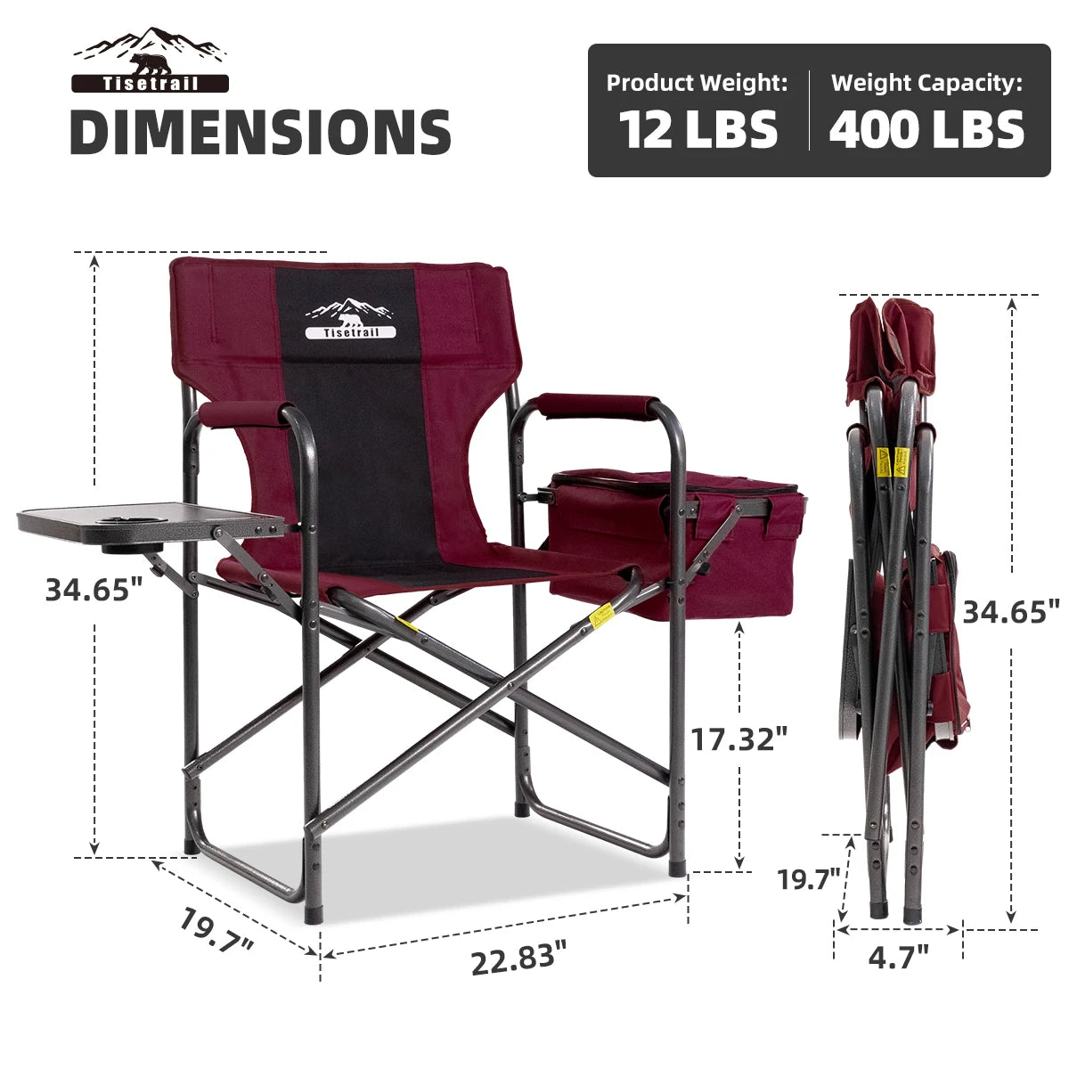 Tisetrail Director Camping Chair with Cooler Bag Camping Directors Chair with Foldable Side Tray Outdoor Lawn Chair Red&Black