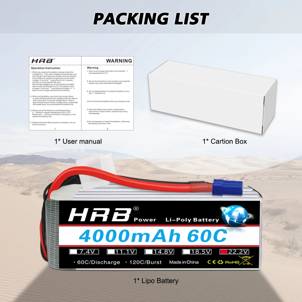 HRB 6S 22.2V 4000mAh 60C LiPo Battery XT90 EC5 Plug