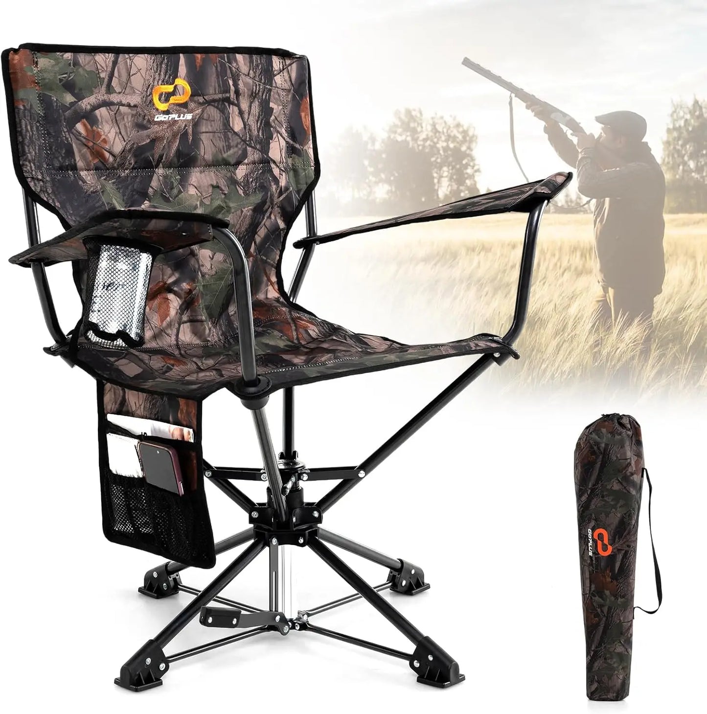 Swivel Hunting Chair, 360° Folding Hunting Blind Chair for Adults with Cup Holder & Carrying Bag, Portable Camping
