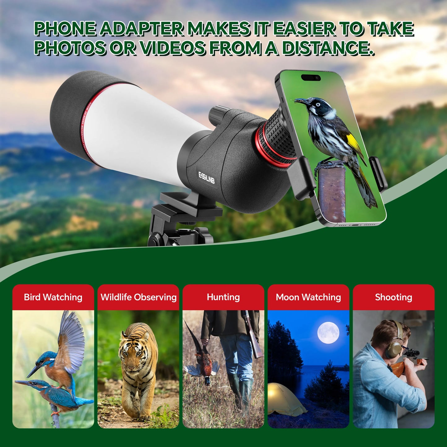 20-60X Zoom Spotting Scope 80mm Objective Lens Tripod For Hunting