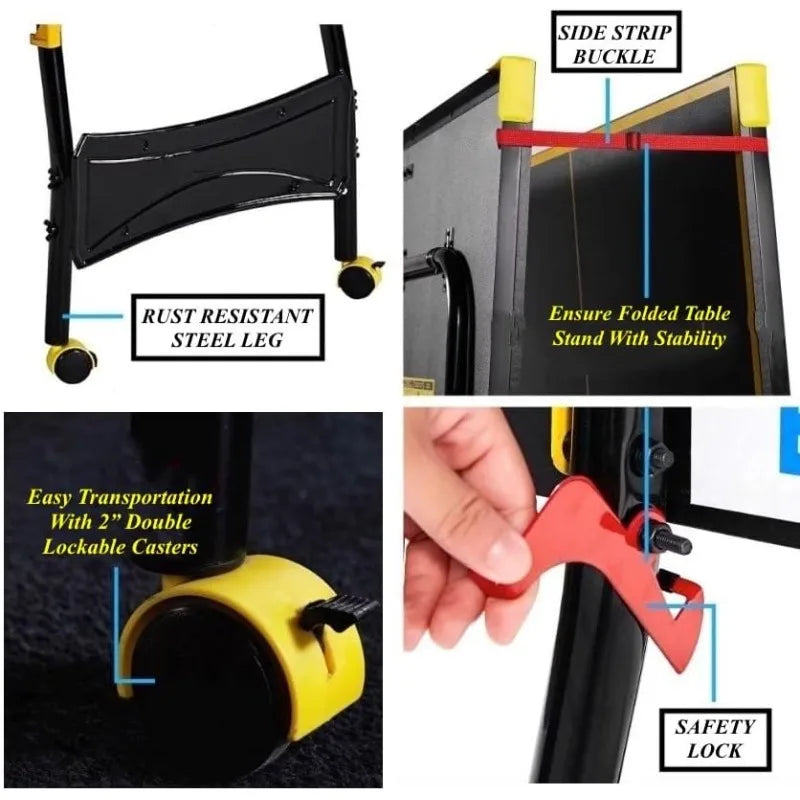 Black Yellow Folding Rolling Table Tennis Table Indoor Ping Pong Table with 2 Paddles 2 Balls 1 Net and Post Set 4 Wheels