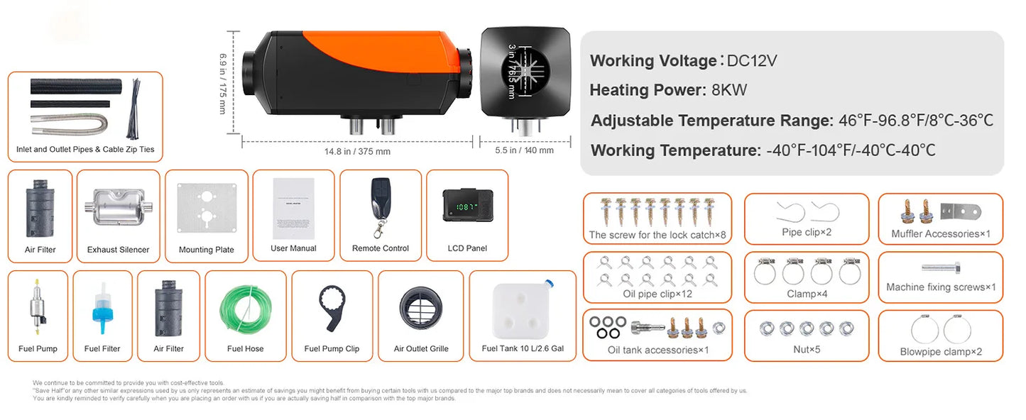 SucceBuy 8KW Diesel Air Heater Bluetooth LCD Parking Heater