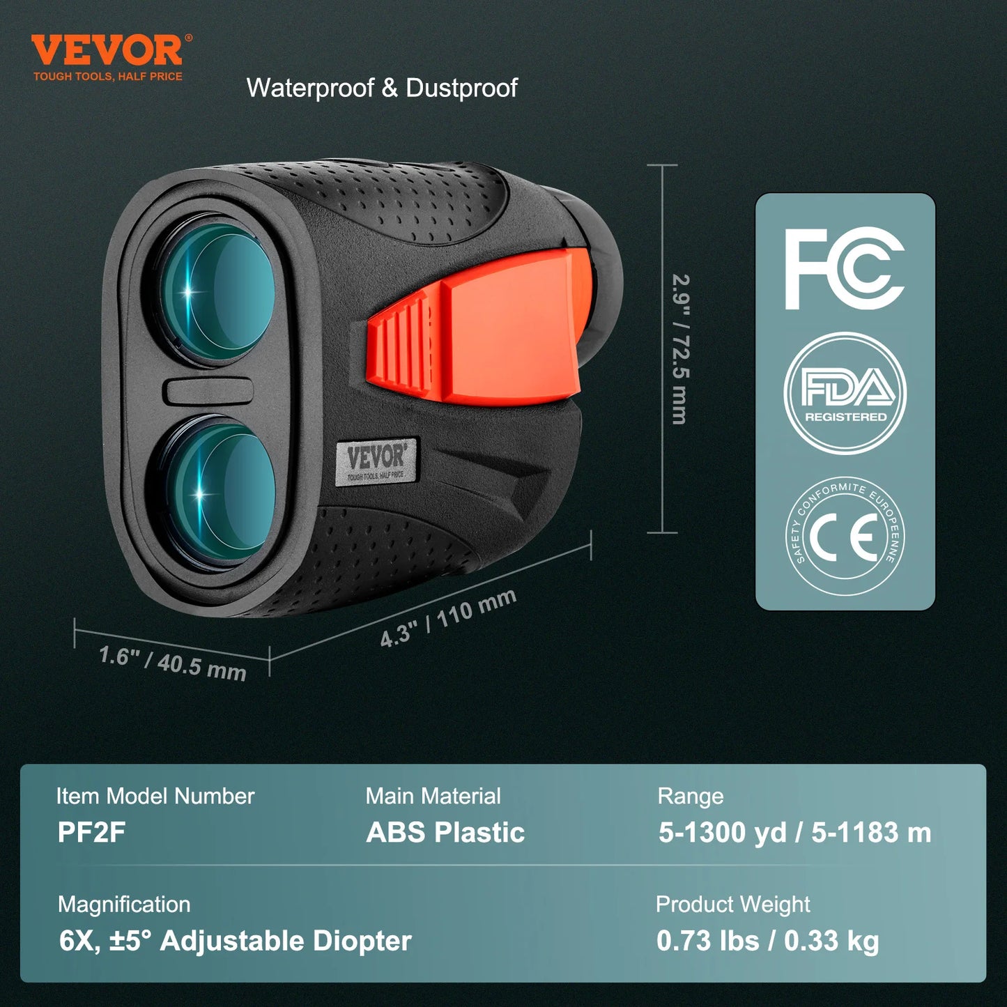 VEVOR 1300 Yards Golf Rangefinder Laser Golfing Hunting Range Finder 6X Magnification Flag Pole Lock Vibration Slope USB Charge
