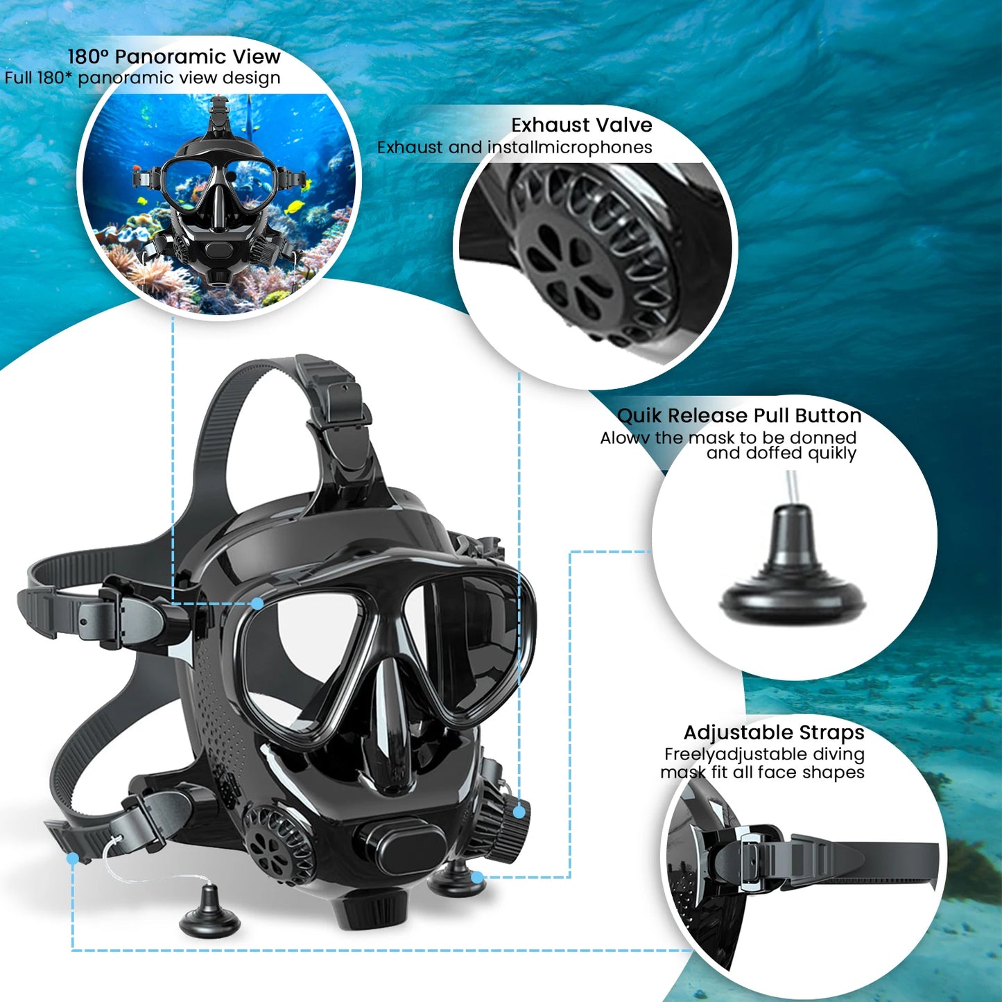 TUDIVING Full Face Diving Mask With Camera Mount 1L 2L