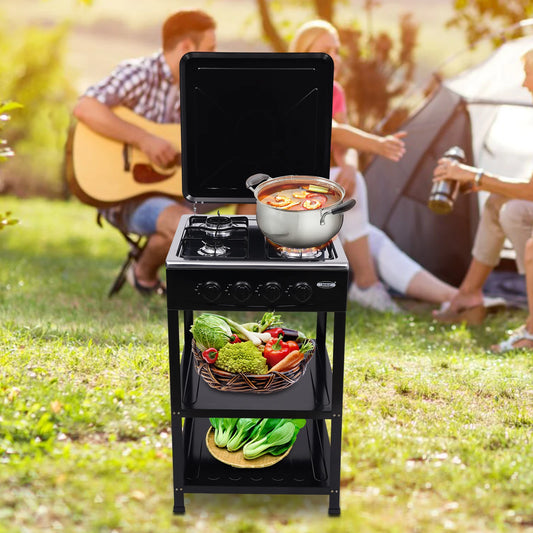 4 Burner Portable Stove Cooker BBQ Grill Windshelter Natural Gas Camping Freestanding Stove For Family Outdoor Activities
