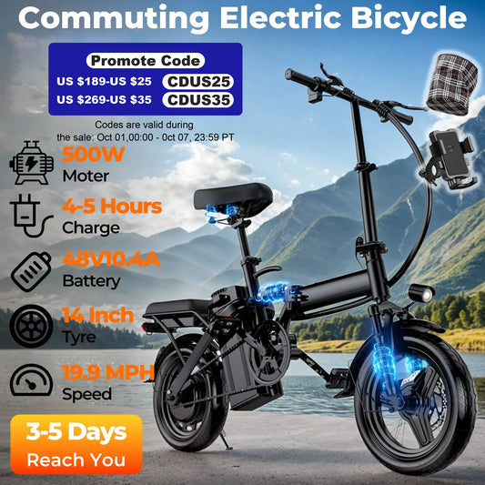 Lelekuai 500W Adult Folding Electric Bike 20 MPH Removable Battery