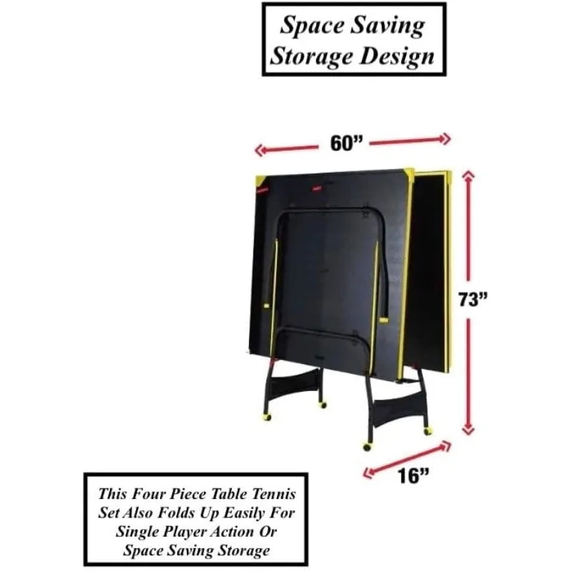 Black Yellow Folding Rolling Table Tennis Table Indoor Ping Pong Table with 2 Paddles 2 Balls 1 Net and Post Set 4 Wheels