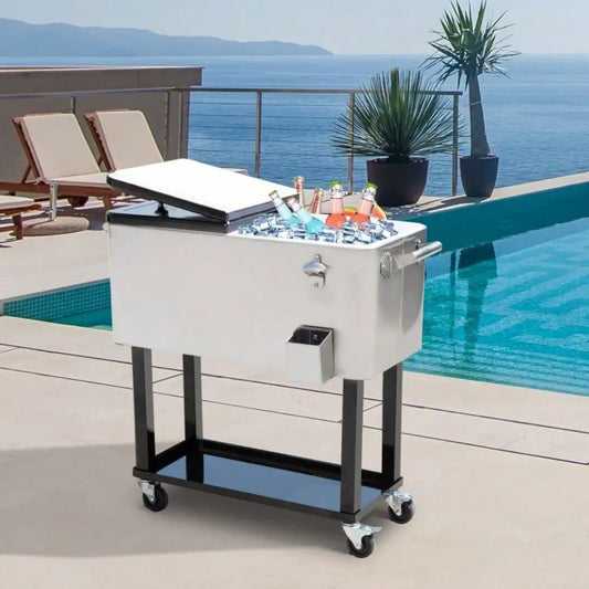 80QT Patio Rolling Cooler Picnic Ice Beer Chest Party Cooler Cart With Wheels