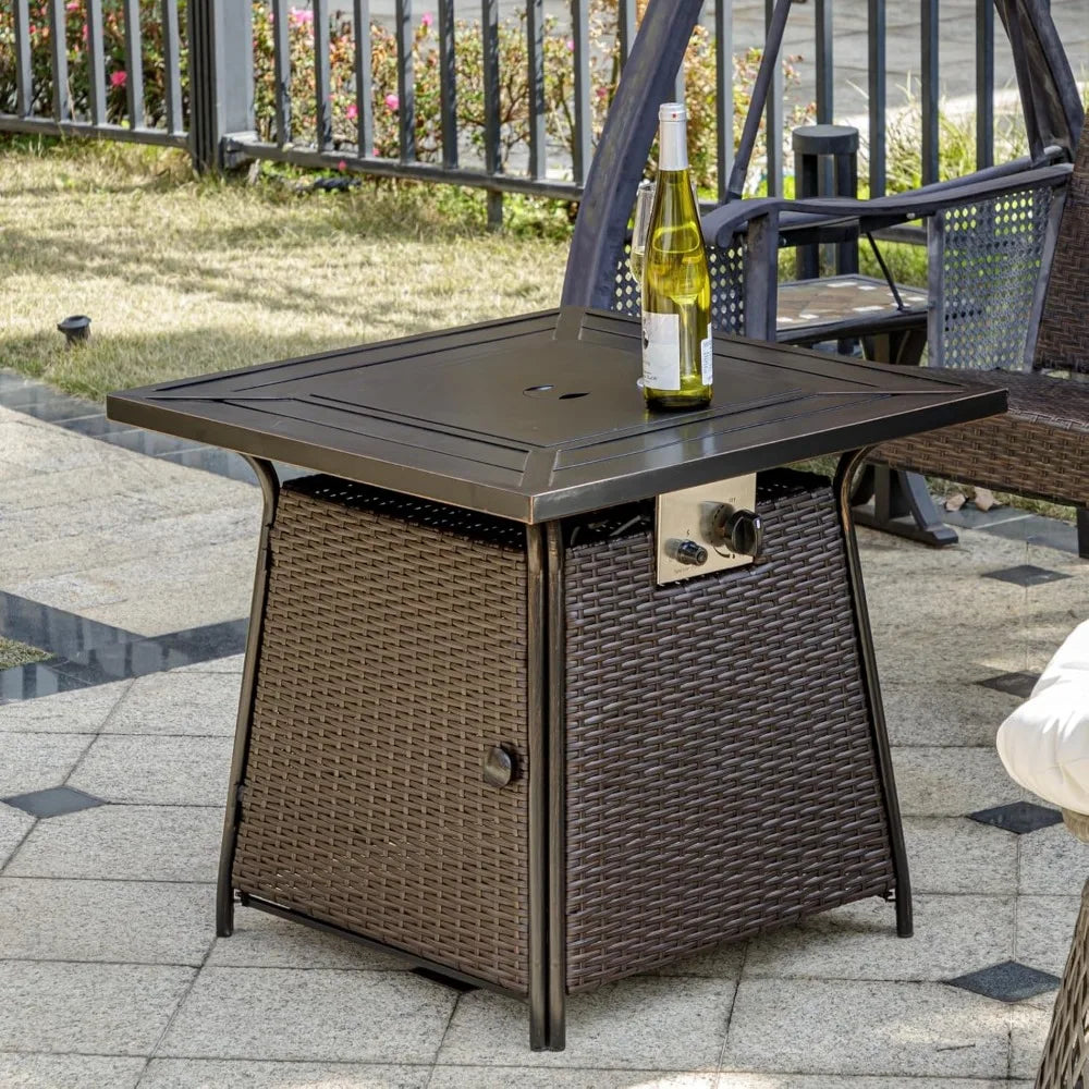 28 Inch Wicker Propane Fire Pit Table 50000 BTU With Lid