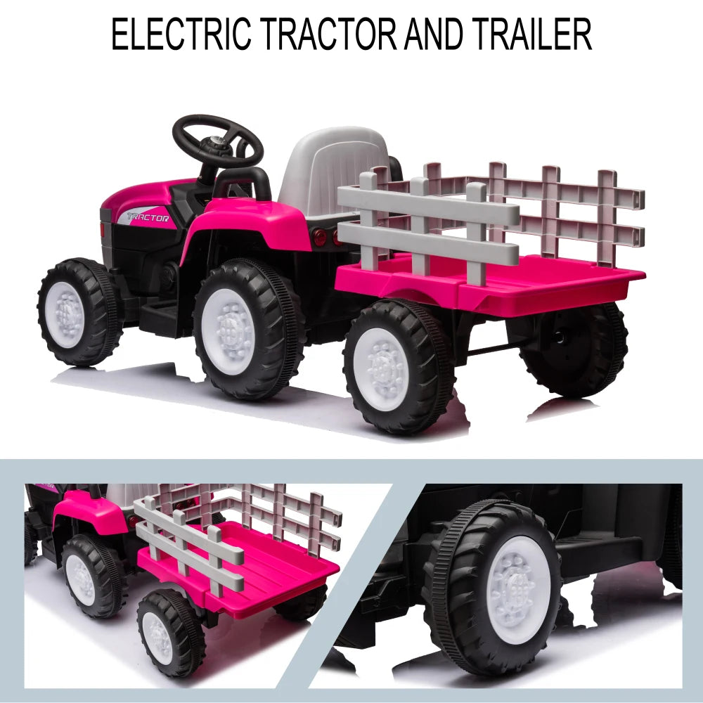 Pink, 12V7AH Battery-Powered Toy Tractor with Trailer, Remote Control, Kids' Electric Excavator Vehicles Treaded Tires