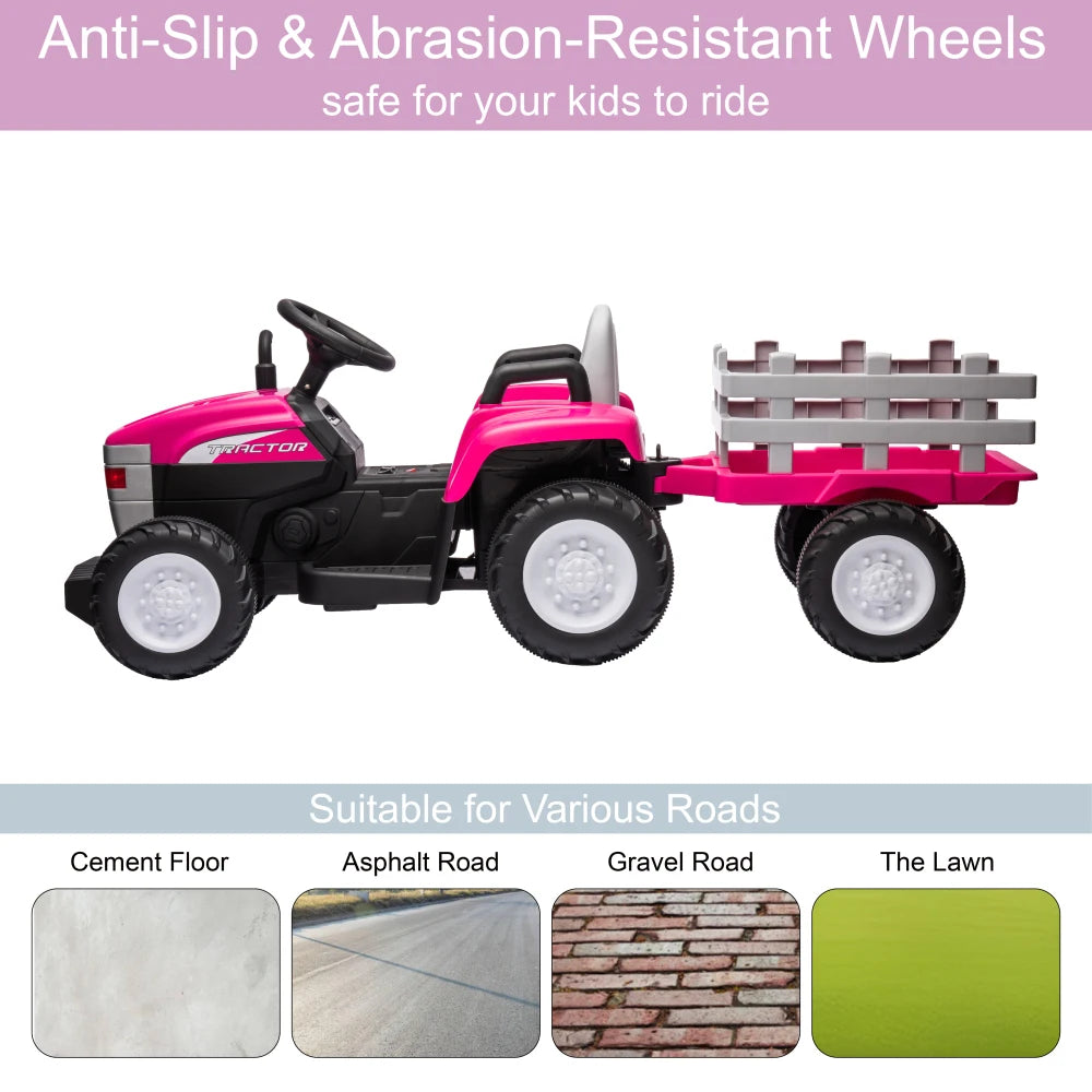 Pink, 12V7AH Battery-Powered Toy Tractor with Trailer, Remote Control, Kids' Electric Excavator Vehicles Treaded Tires