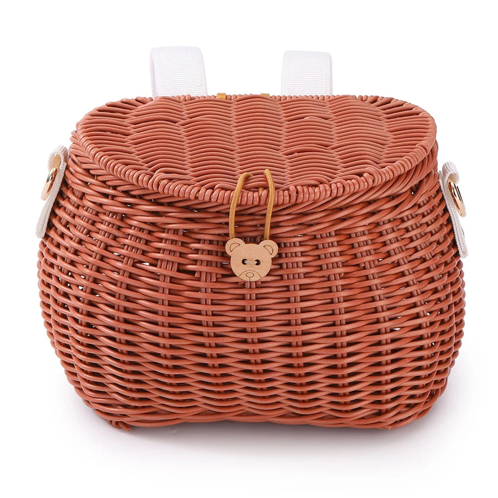 Bike Handwoven Basket Backpack with Lid Bike Scooter Tricycle Basket Adjustable Leather Straps Bicycle Accessories