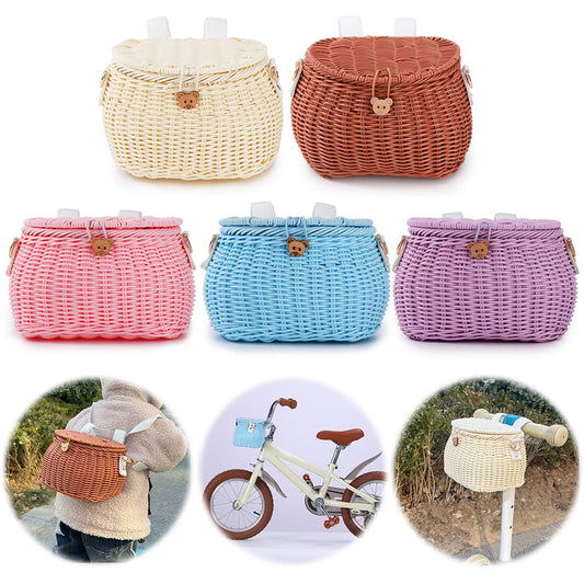 Bike Handwoven Basket Backpack with Lid Bike Scooter Tricycle Basket Adjustable Leather Straps Bicycle Accessories