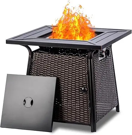 28 Inch Wicker Propane Fire Pit Table 50000 BTU With Lid